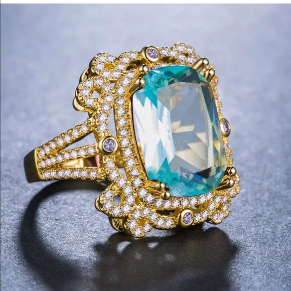 New 18k gold plated blue aquamarine luxury ring - Picture 4 of 5